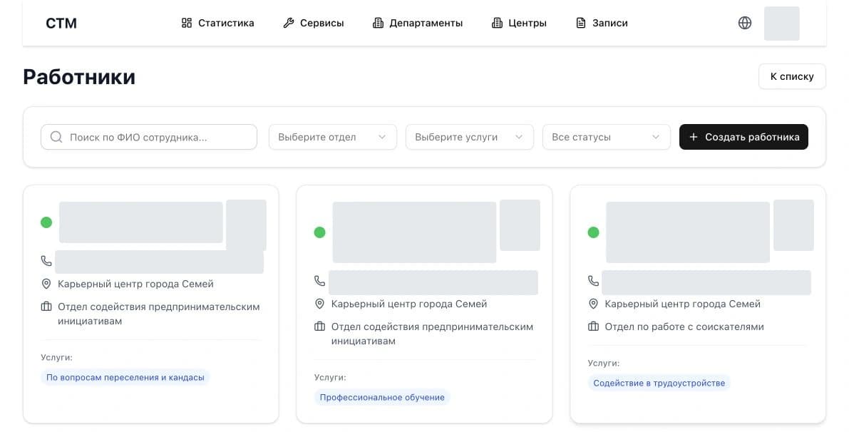 Список сотрудников центра CTM с обезличенными данными.